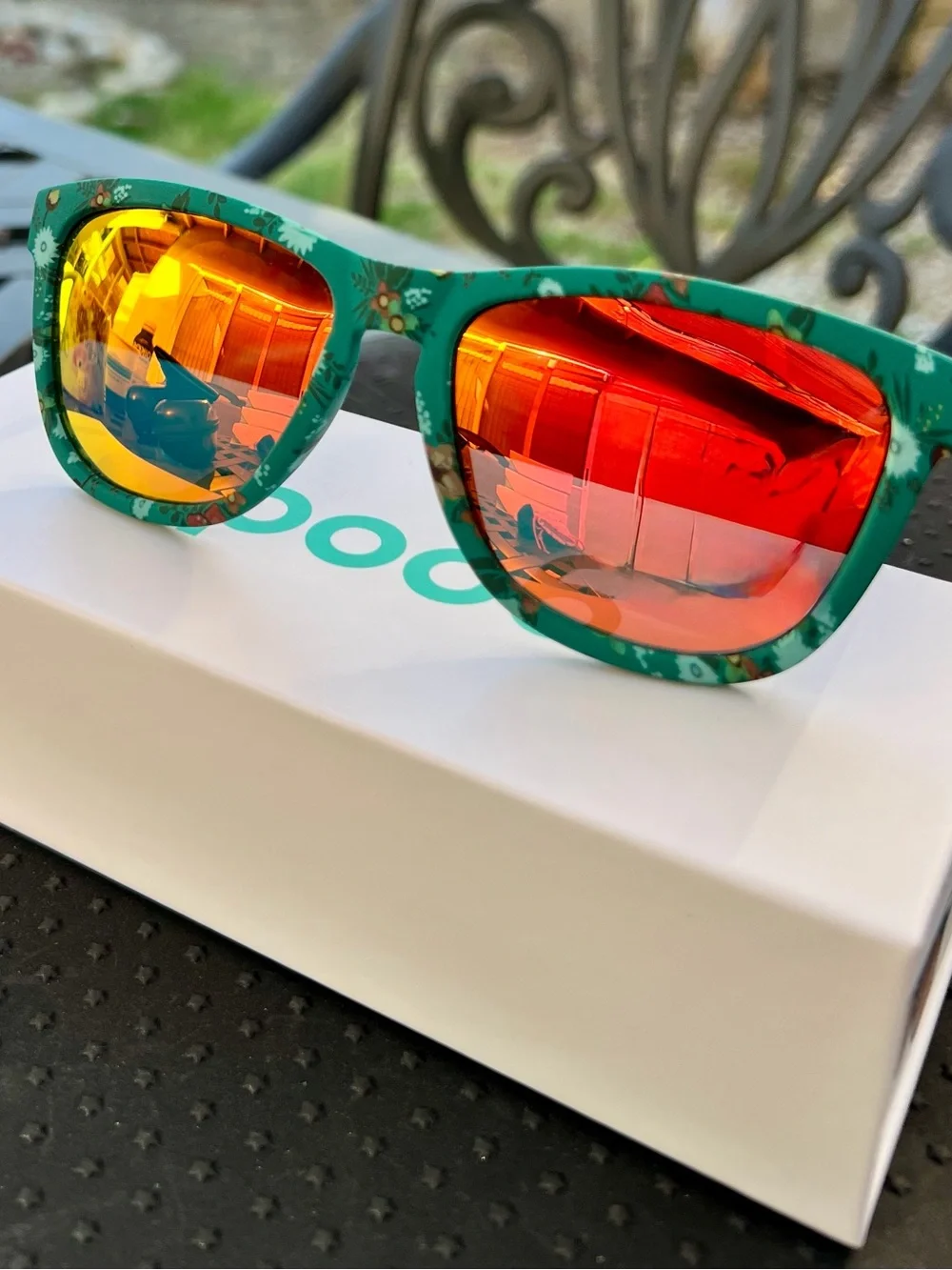 Retired Goodr Sunglasses - Teal Floral w/ Orange Mirrored Lenses - Picture 2 of 5